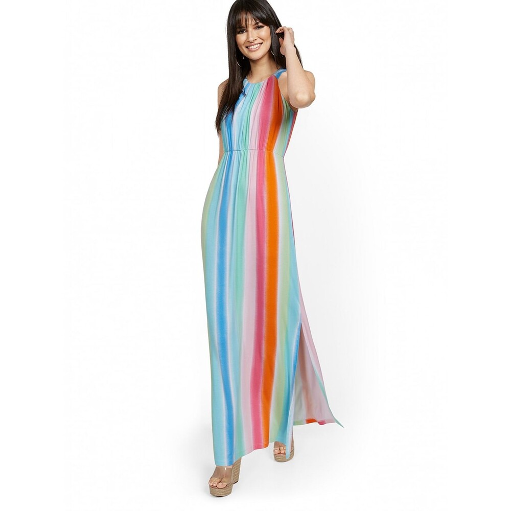 New Womens New York & Company Rainbow Stripe Halter Maxi Dress Size XL